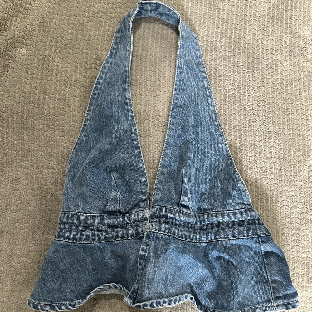 Denim Halter Peplum Top - Blue